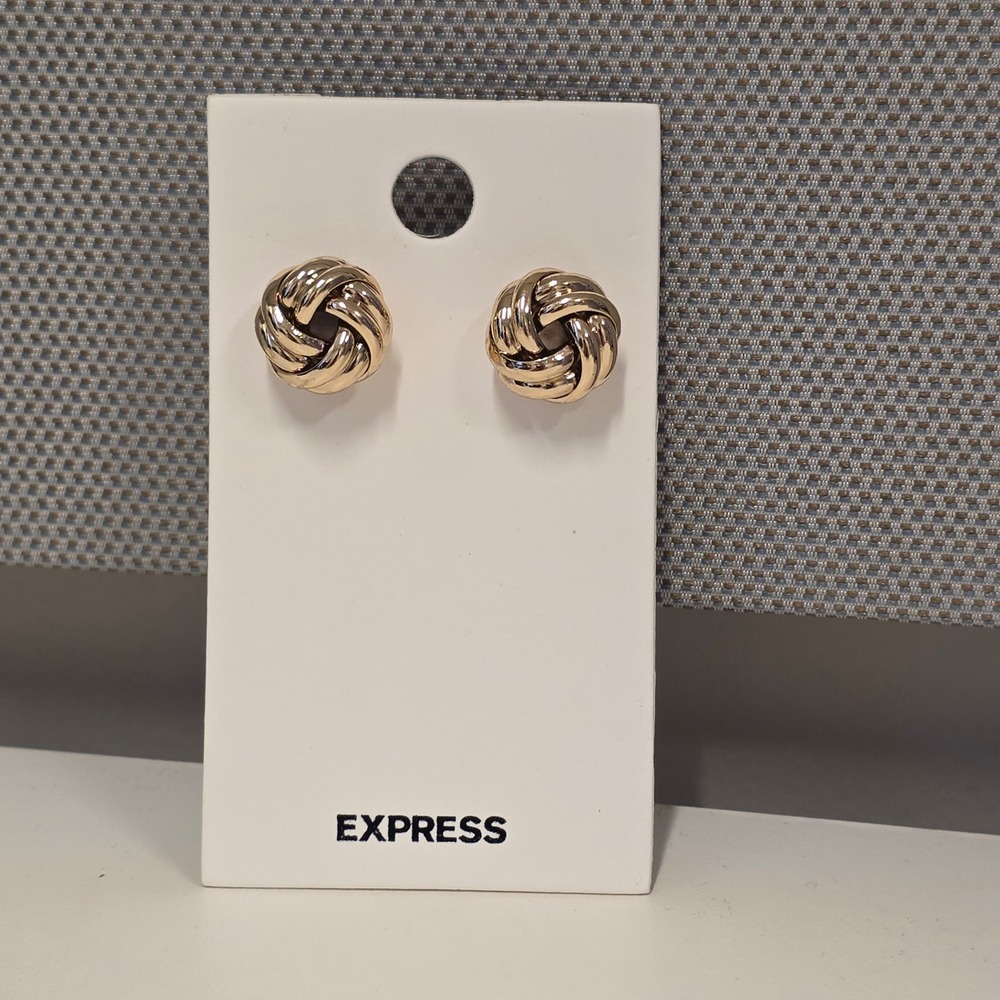Express Gold Tone Love Knot Stud Earrings Button Style High Polish Textured